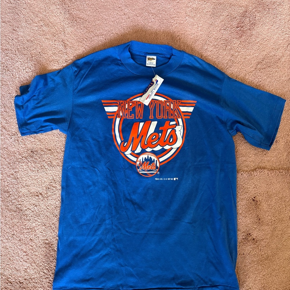 Vintage 1987 New York‎ Mets T-Shirt Trench Mfg Co Blue MLB Deadstock NWT Large